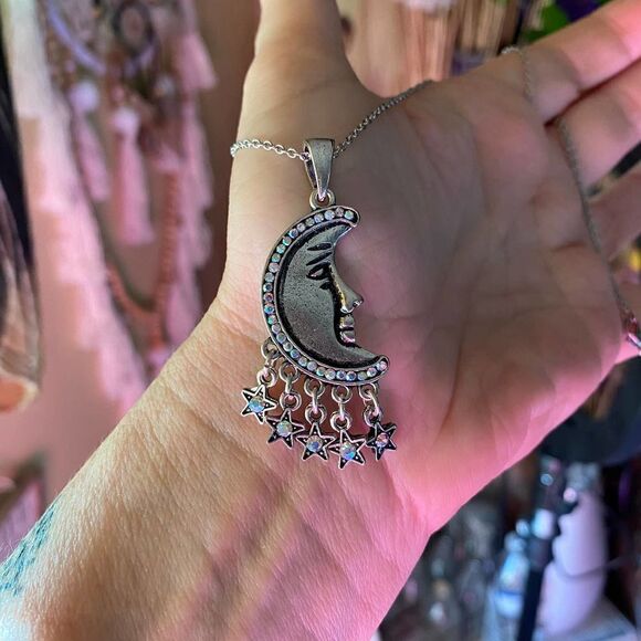 Moon And Stars Aurora Borealis Rhinestone Silver Necklace - Picture 5 of 6